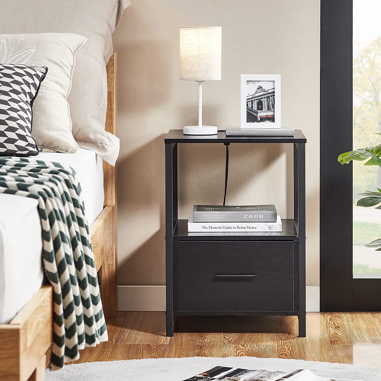VECELO Modern Nightstand with Charging Station and USB Ports End Side Table