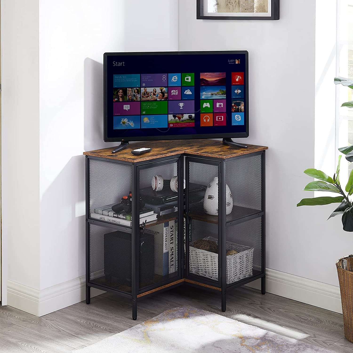 VECELO 3 Tier Corner Cabinet with Doors and Storage Shelves, Industria