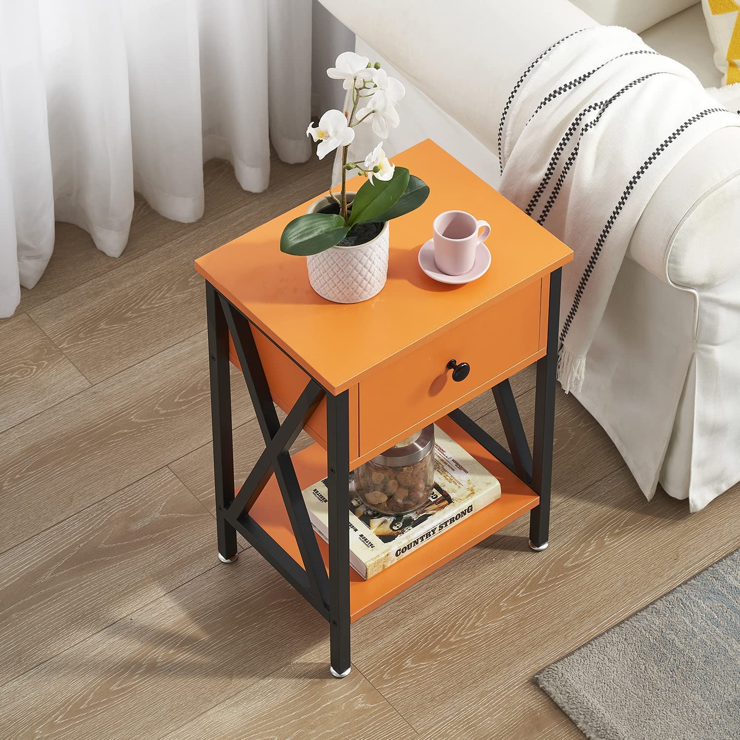 VECELO Night Stands Bedside End Table X-Design with Drawer&Storage Shelf for Living Room Bedroom, Nightstand with Drawer
