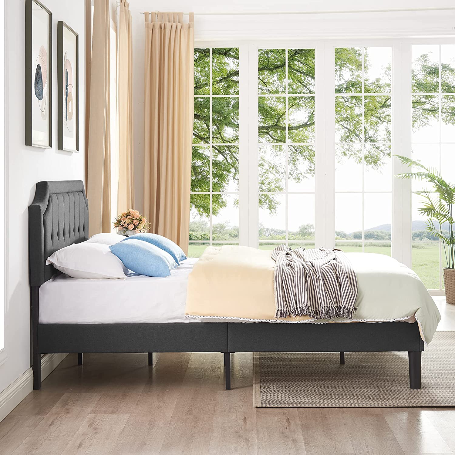 VECELO Grey Premium Upholstered Platform Bed Diamond Stitched Panel Headboard