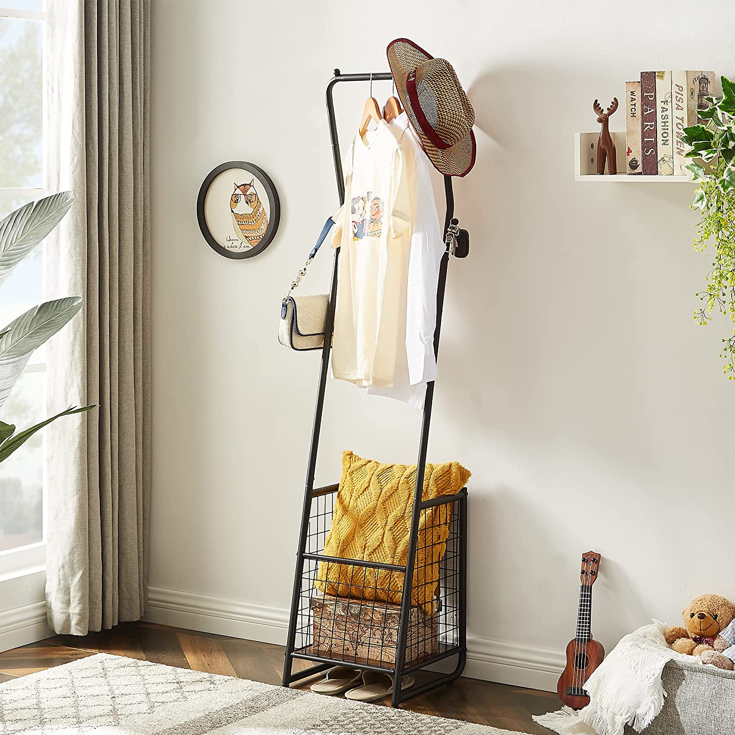 VECELO Metal Coat Rack Stand with Anti-Drop Design, Space Saving Hall Trees with Steel Basket