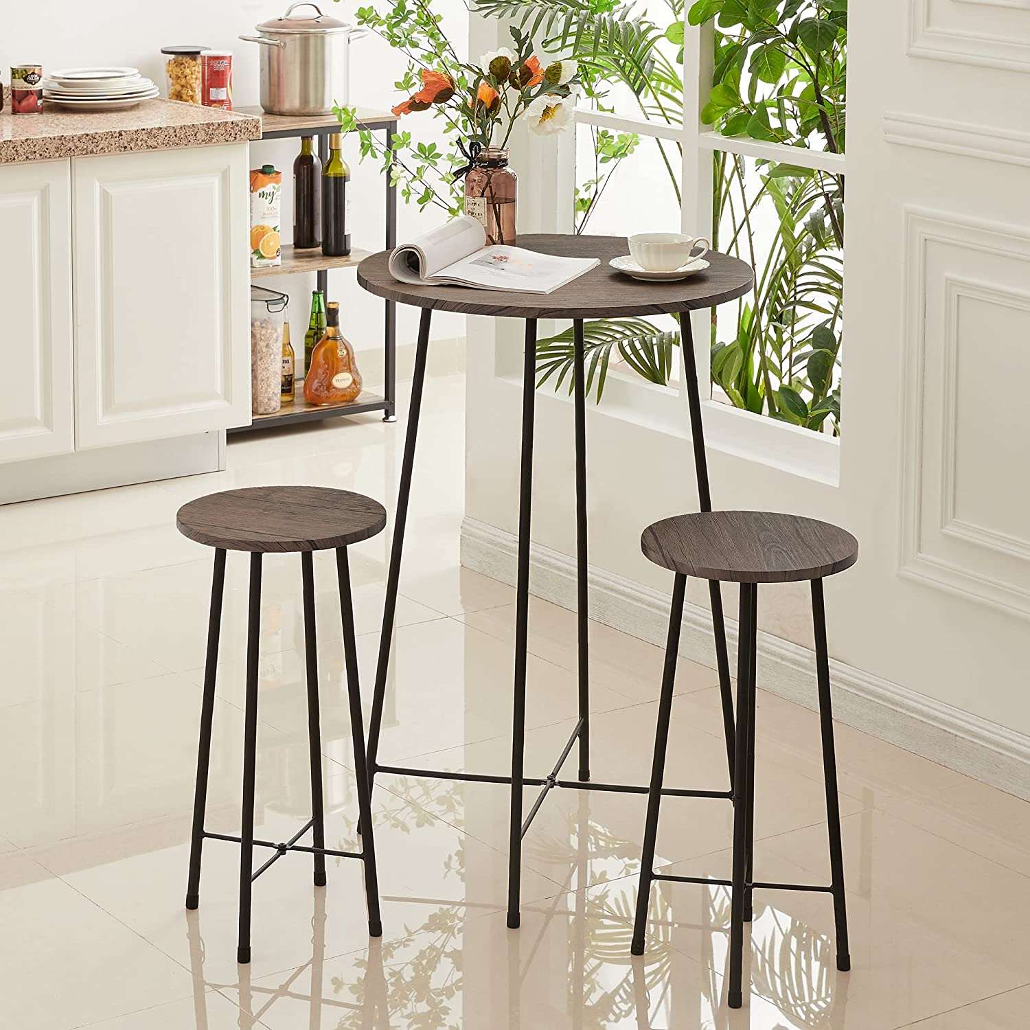 VECELO 3-Piece Round Bistro Table and Chairs Set with Counter Height & Wood top for Dining Room