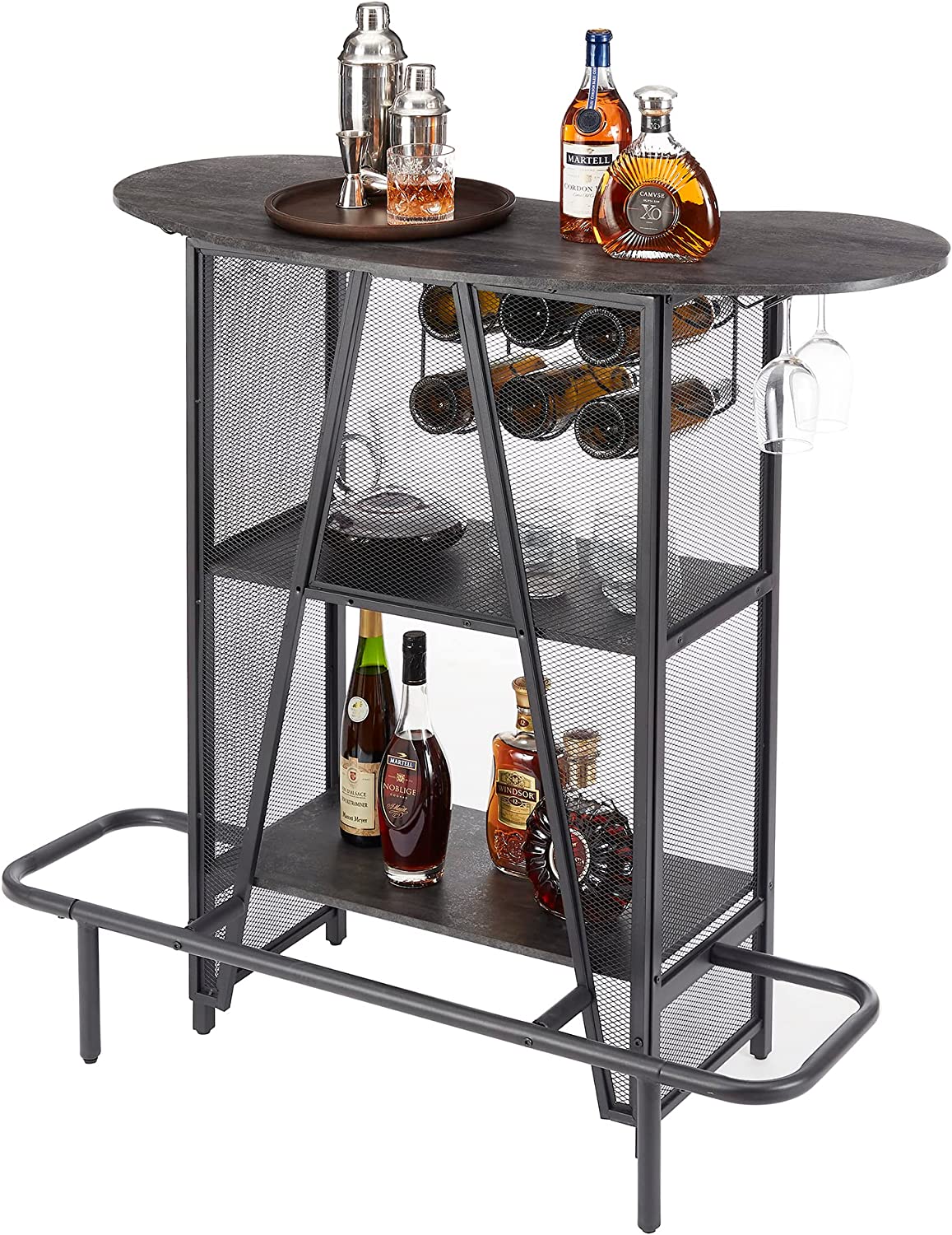 VECELO Bar Unit with Metal Mesh Front, 3-Tier Wine Rack Table with Glasses Holder for Living Room, Kitchen