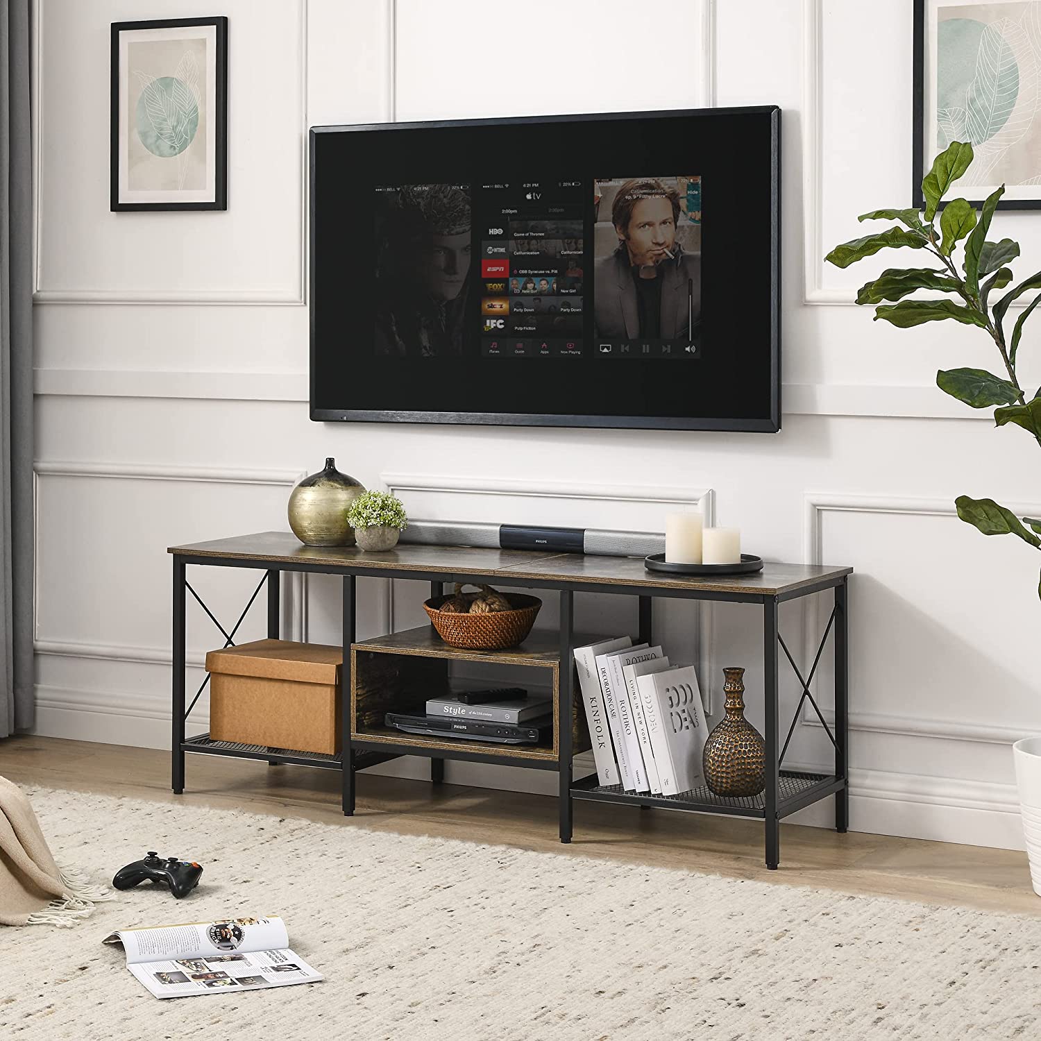 VECELO Industrial TV Stand Television Cabinet 3-Tier Console with Open Storage Shelves, Entertainment Center with Metal Frame for Living Room