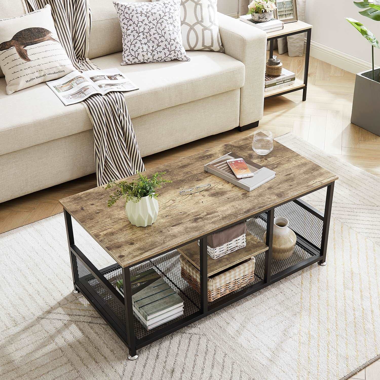 VECELO 39.4 Inch TV Stand/Coffee Table with Storage and Mesh Shelf for