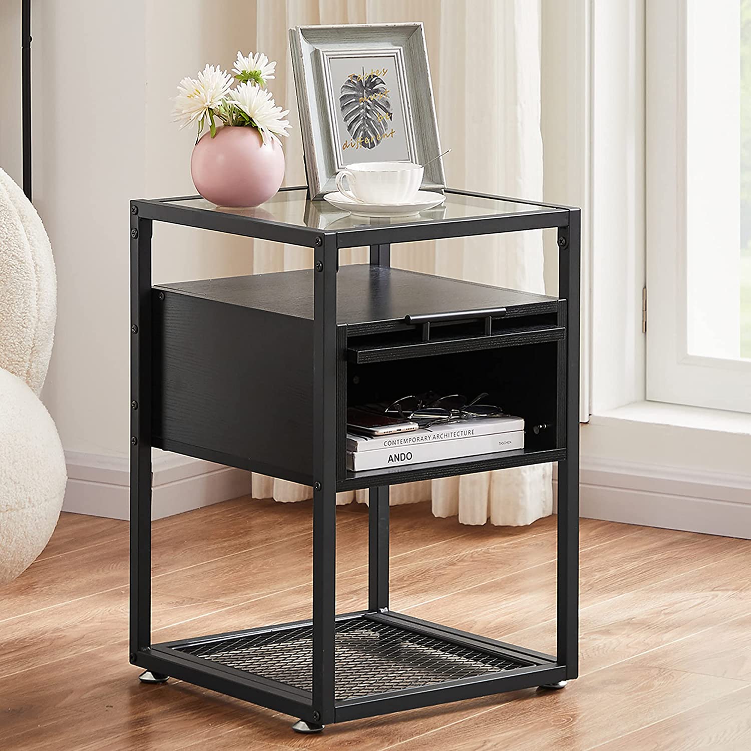 Tempered Glass End Table/Nightstand with Flip Drawer and Open Storage Shelf  