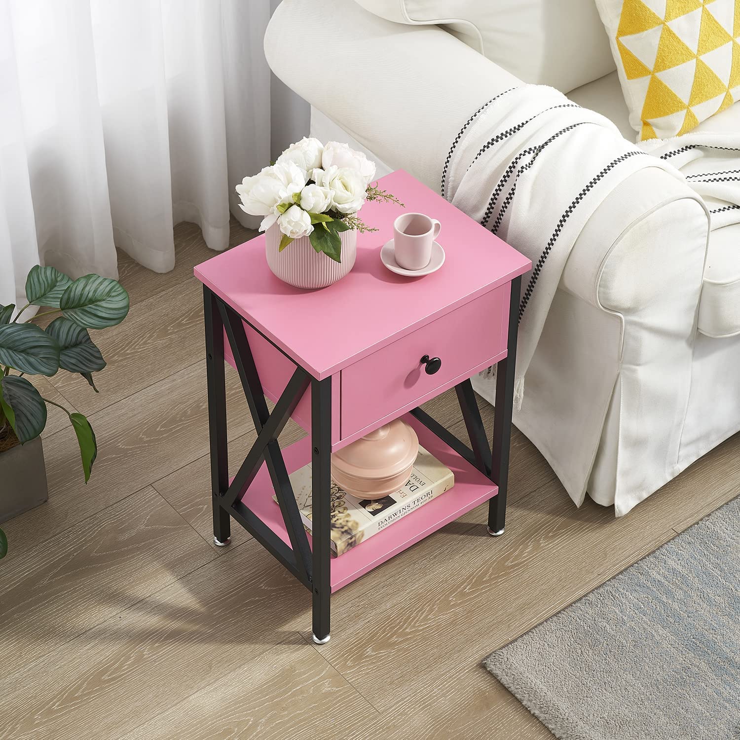 VECELO Night Stands Bedside End Table X-Design with Drawer&Storage Shelf for Living Room Bedroom, Nightstand with Drawer