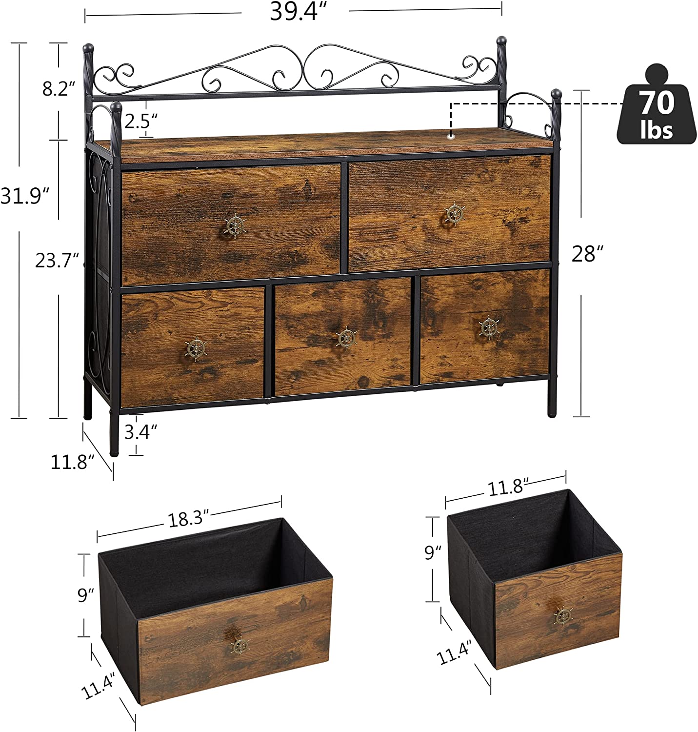 VECELO Dresser for Bedroom with 5 Drawers, Storage Organizer Unit with Shelf for Closet, Living Room