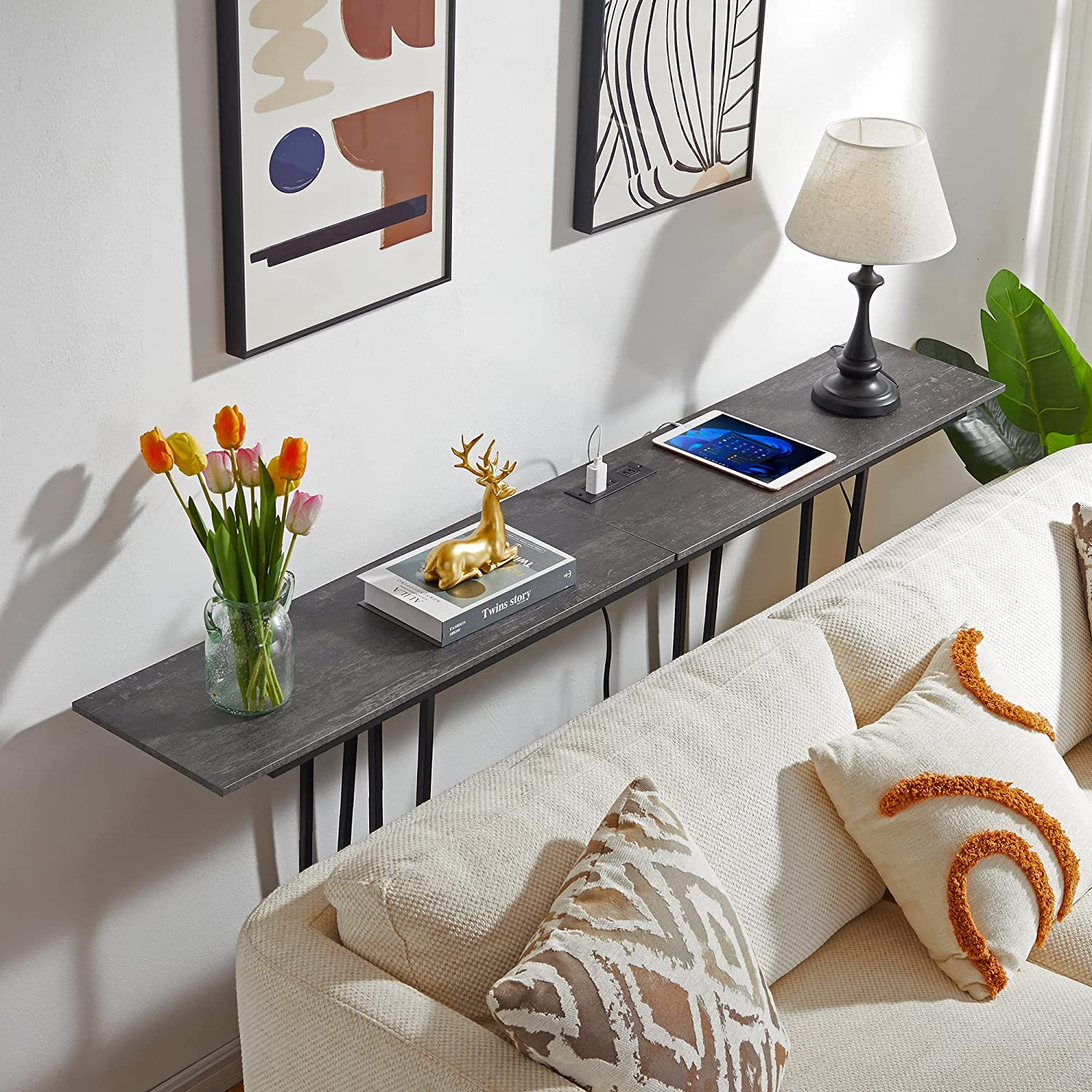VECELO Couch Side & Console Table with 2 Outlets & 2 USB Ports