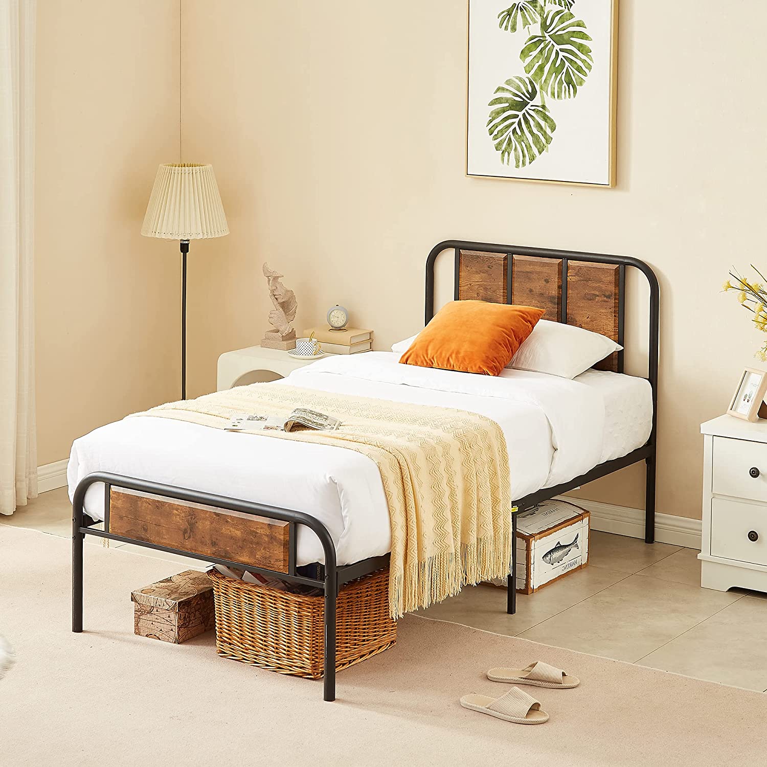 VECELO Bed Frame Metal Platform with Wooden Headboard Footboard Heavy Duty Mattress Foundation - VECELO