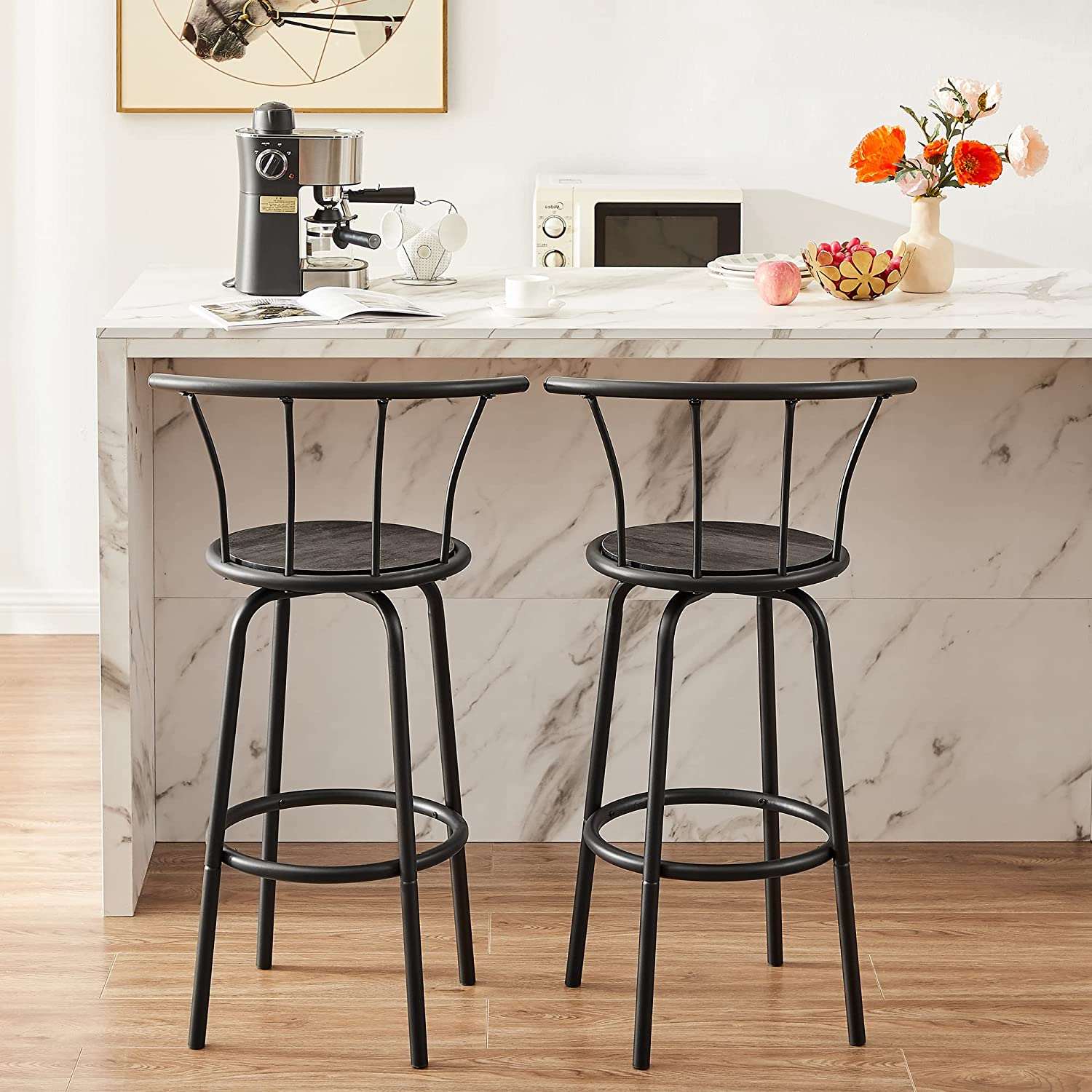 VECELO 27.3 Inch Bar Stools Set of 2 with Back Metal Barstools/Industrial Steel Frame for Kitchen