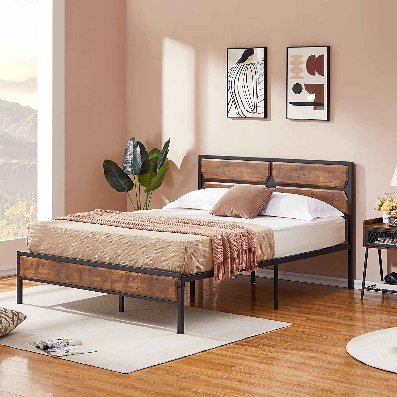 VECELO Metal Bed Frame Platform with Wooden Headboard&Footboard Mattress Foundation