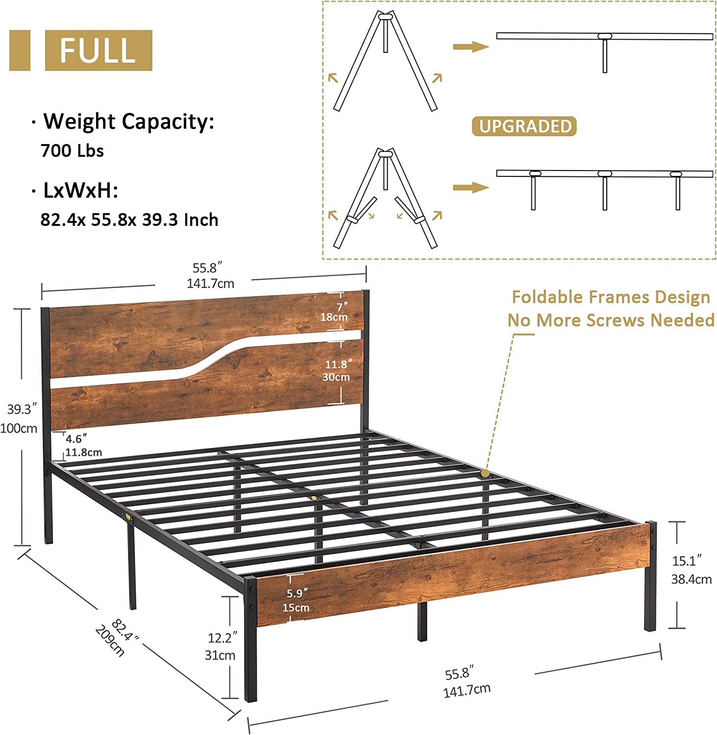 VECELO Platform Bed Frame/Mattress Foundation with Rustic Vintage Wood Headboard