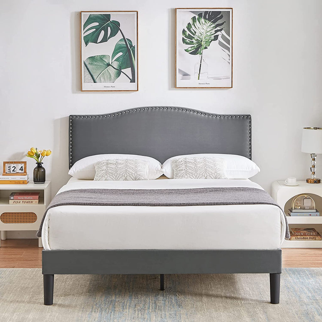 VECELO Bed Frame Platform with Upholstered Headboard & Wooden Slats Su