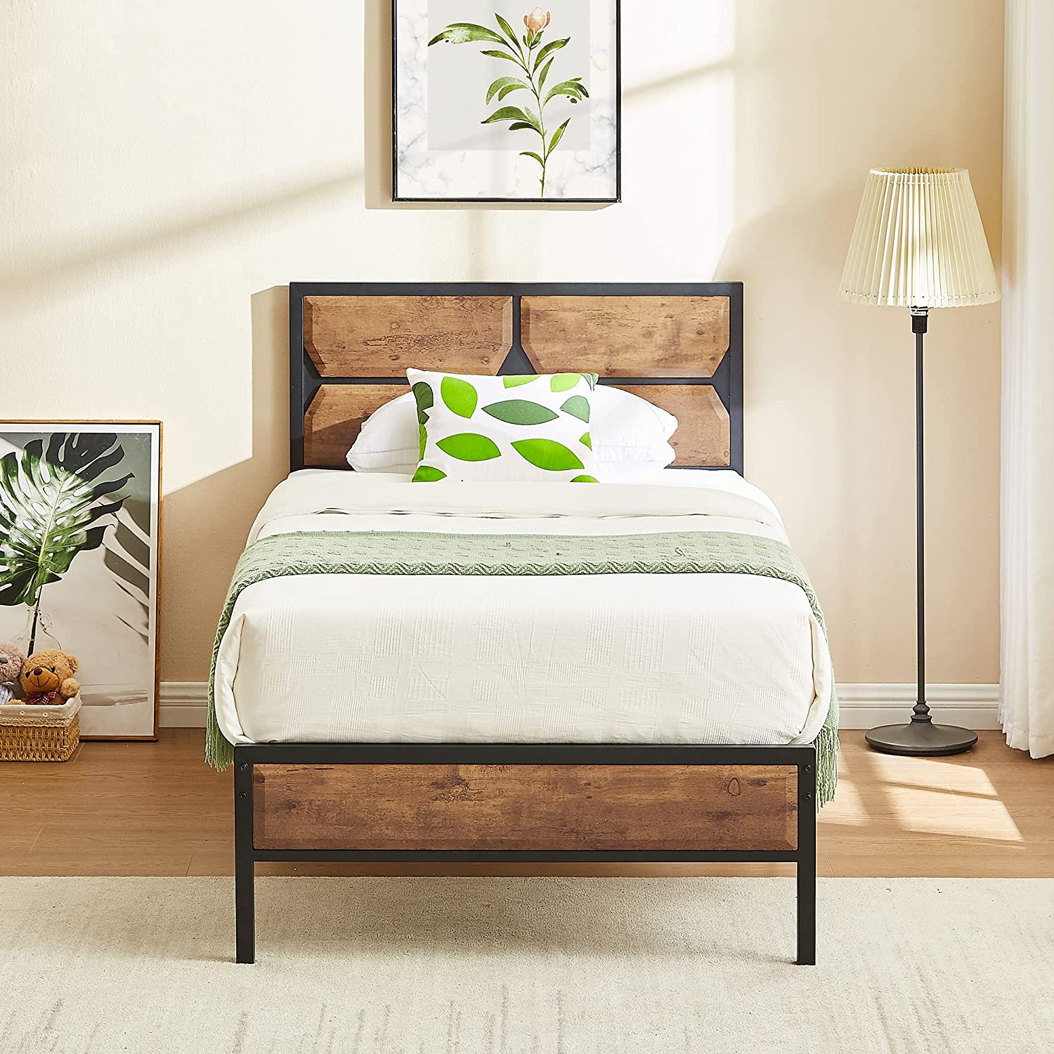 VECELO Metal Bed Frame Platform with Wooden Headboard&Footboard Mattress Foundation