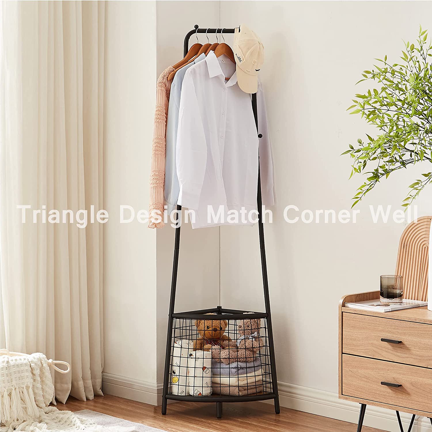 VECELO Freestanding Coat Rack with Metal Basket, Hall Trees with Steel Frame, Space Saving Cloth Hanger