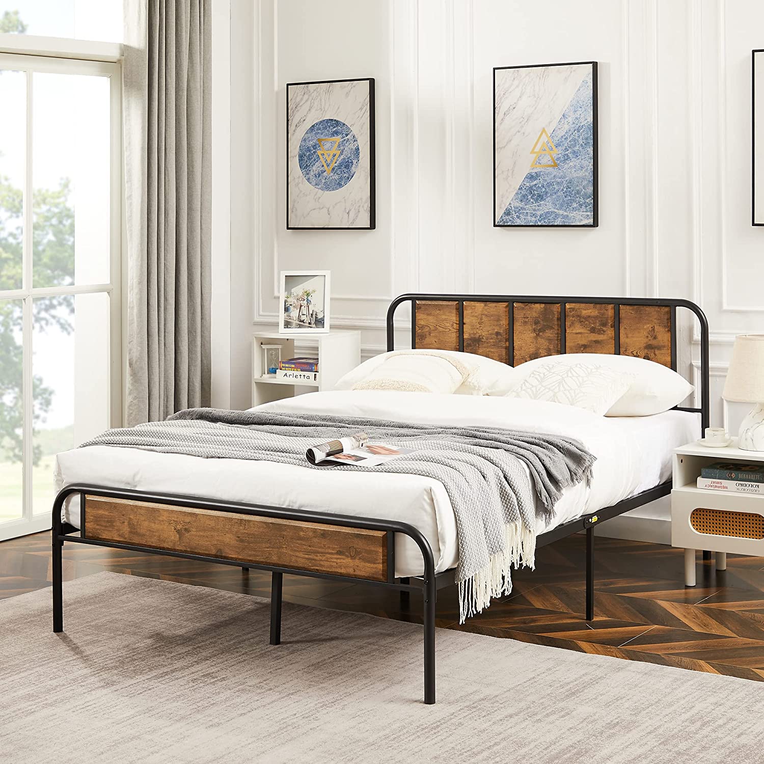VECELO Bed Frame Metal Platform with Wooden Headboard Footboard Heavy Duty Mattress Foundation - VECELO