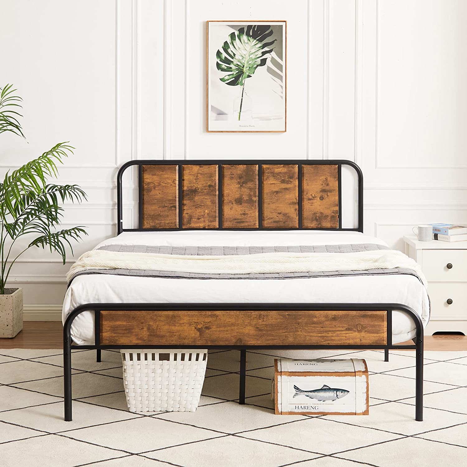 VECELO Bed Frame Metal Platform with Wooden Headboard Footboard Heavy Duty Mattress Foundation - VECELO