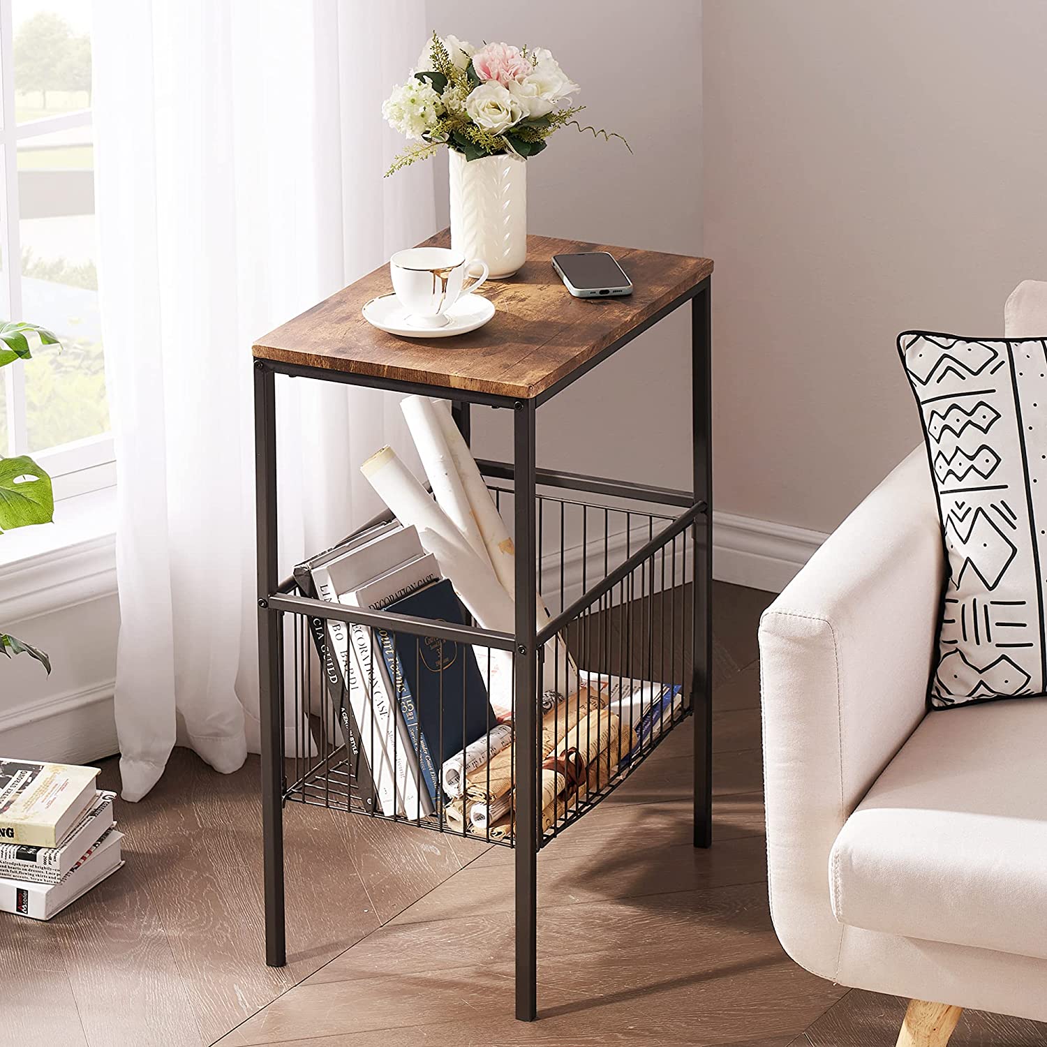VECELO Versatile Side End Table 31” Tall Storage Organizer with Foldable Basket for Living Room/Bedroom