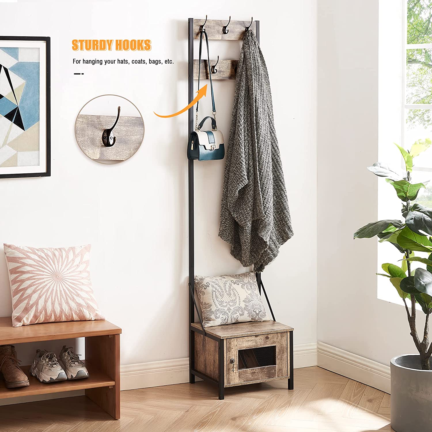 VECELO Hall Tree with Shoe Storage Entryway Coat Rack Tall Clothes Stand Freestanding with Hooks for Bedroom, Living Room