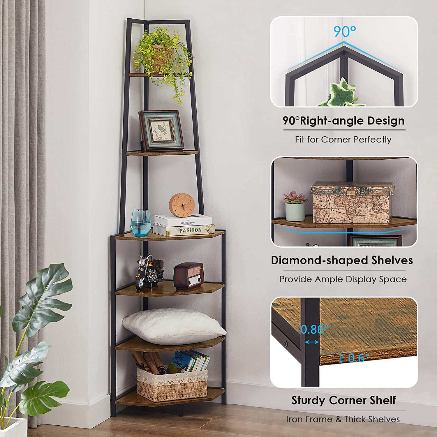 VECELO 6 Tier Corner Shelf, 69 Inch Industrial Bookshelf/Storage Stand with Metal Framefor Living Room, Bedroom, Home Office