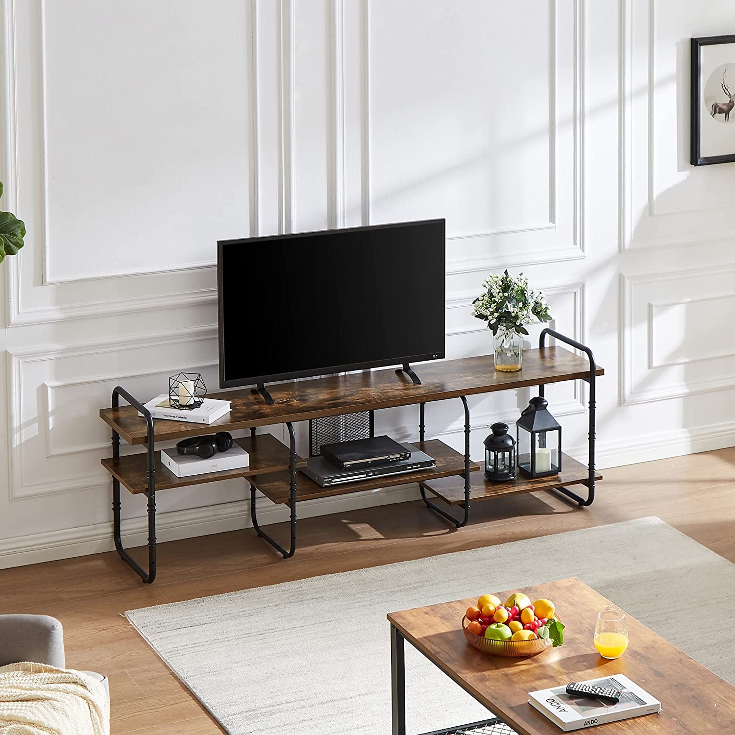 VECELO Industrial Television Stand TV Entertainment Center/Media Console Table with Open Storage Shelves for Living Room