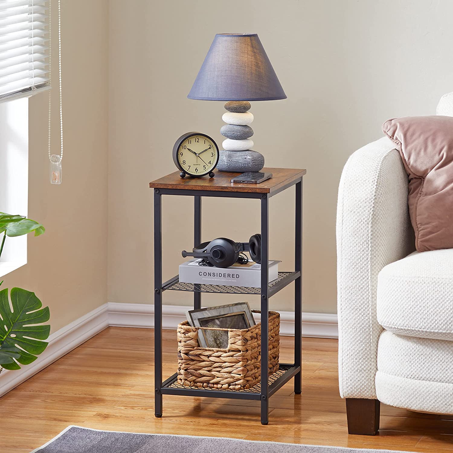 VECELO End Side Table with Storage Industrial Night Stand with Mesh Shelves