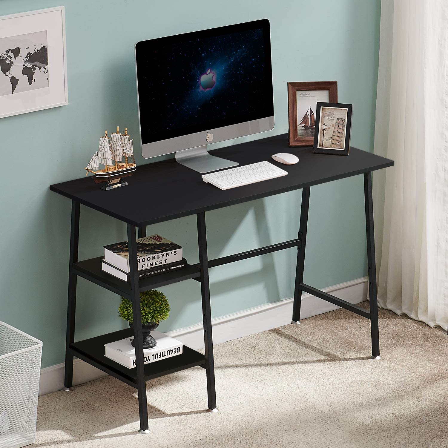 VECELO Computer Writing Desk with 2 Tier Storage Shelves, Modern Simple Student Study Table