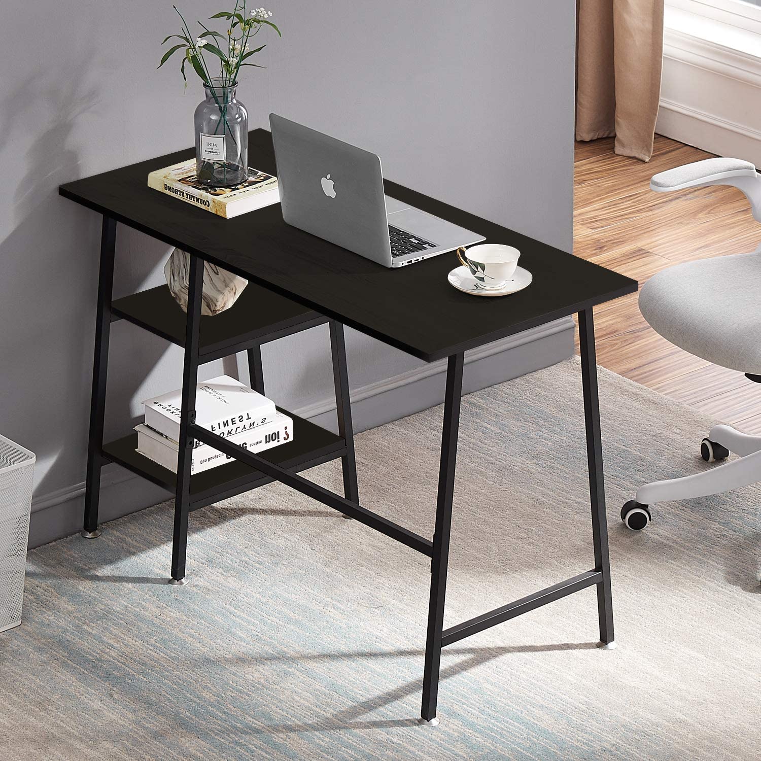 VECELO Computer Writing Desk with 2 Tier Storage Shelves, Modern Simple Student Study Table