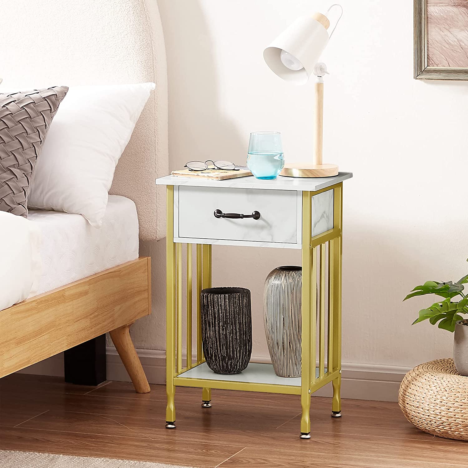 VECELO Industrial Side/End Table/ Nightstand with Drawer and Storage Shelf for Bedroom, Living Room