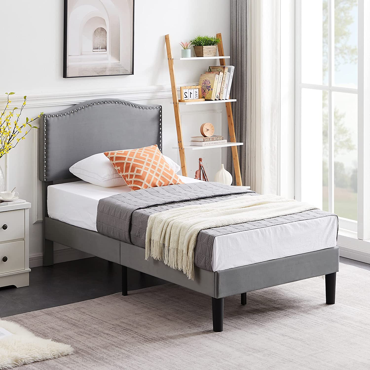 Bed Frame Platform with Upholstered Headboard