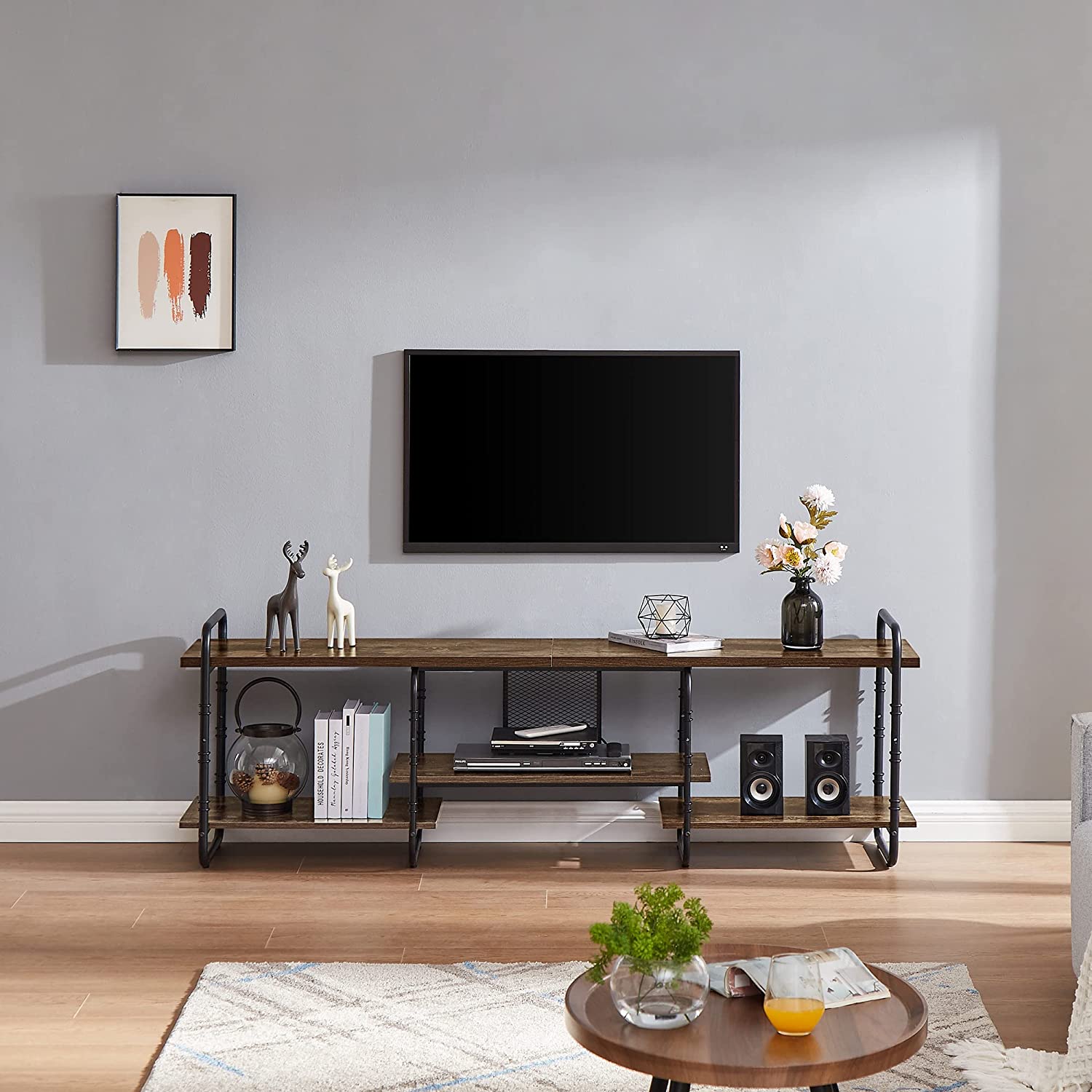 VECELO Industrial Television Stand TV Entertainment Center/Media Console Table with Open Storage Shelves for Living Room
