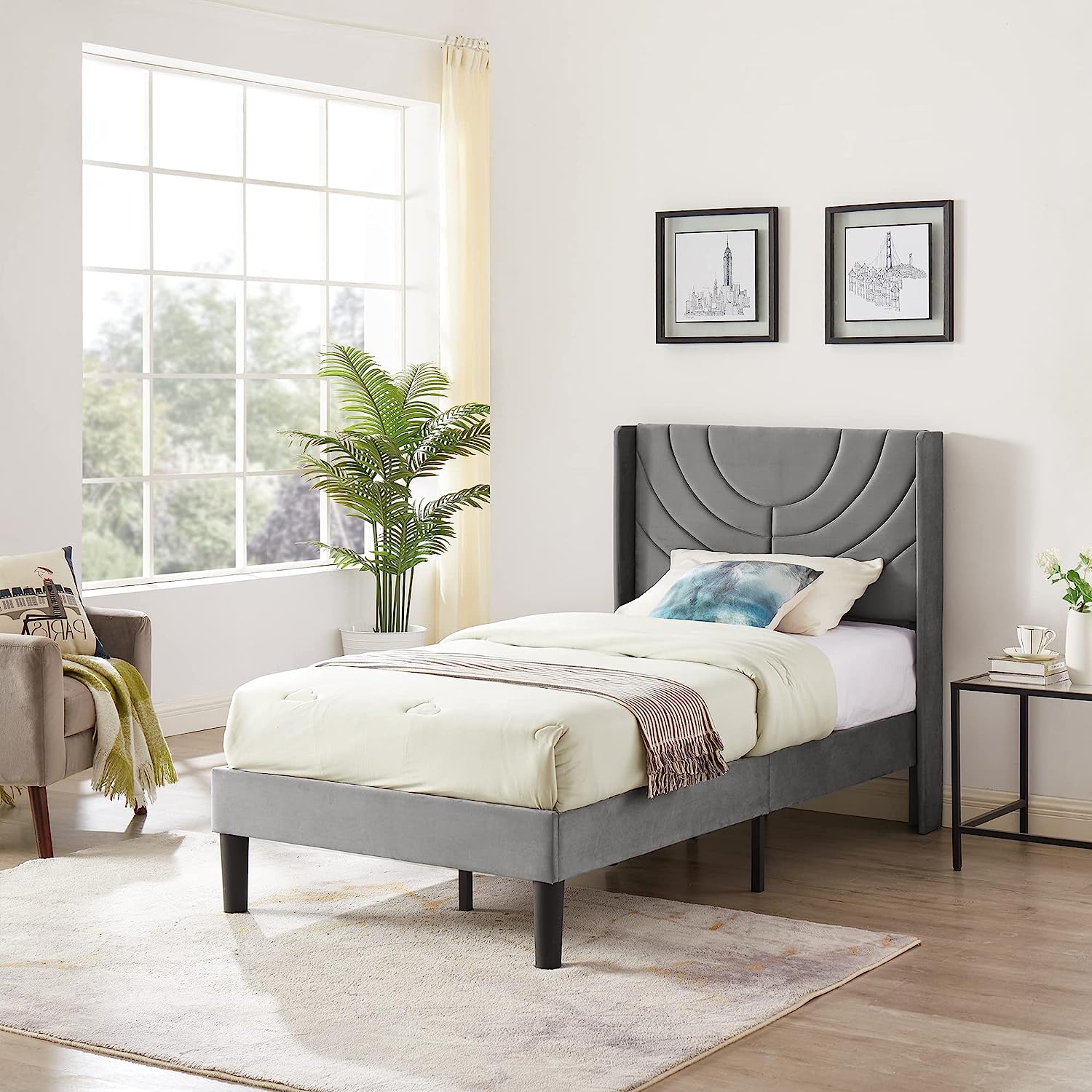 VECELO Upholstered Platform Bed Frame with Adjustable Fabric Headboard