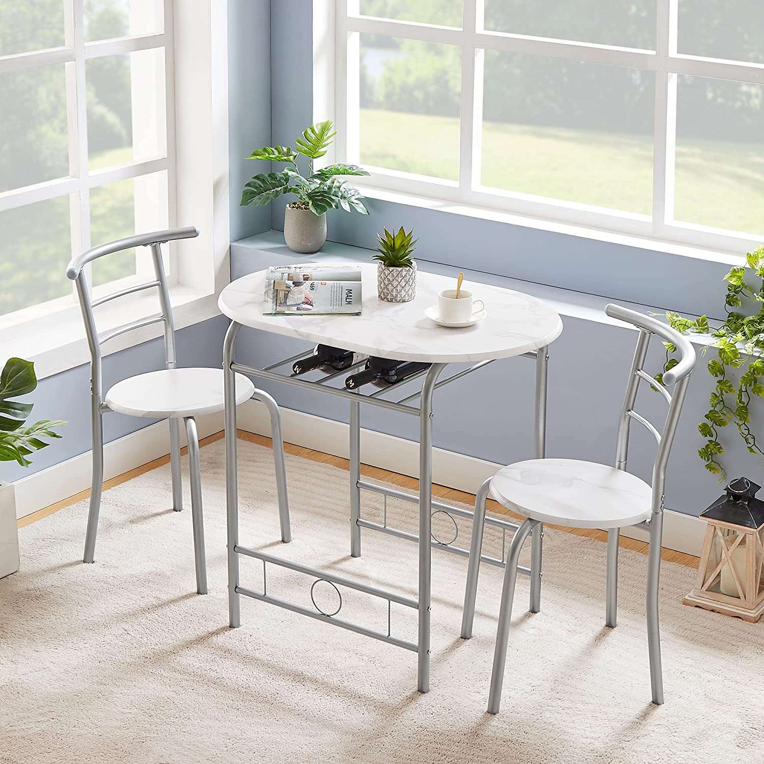 VECELO 3 Piece Wood Round Table & Chair Set with Wine Storage Rack for Dining Room Kitchen Bar Breakfast