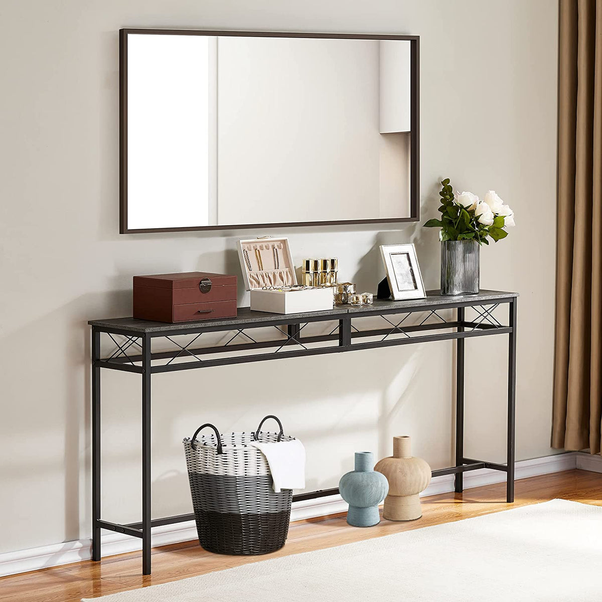 VECELO Extra Long Narrow Sofa/Console Table with Charging Station & Po