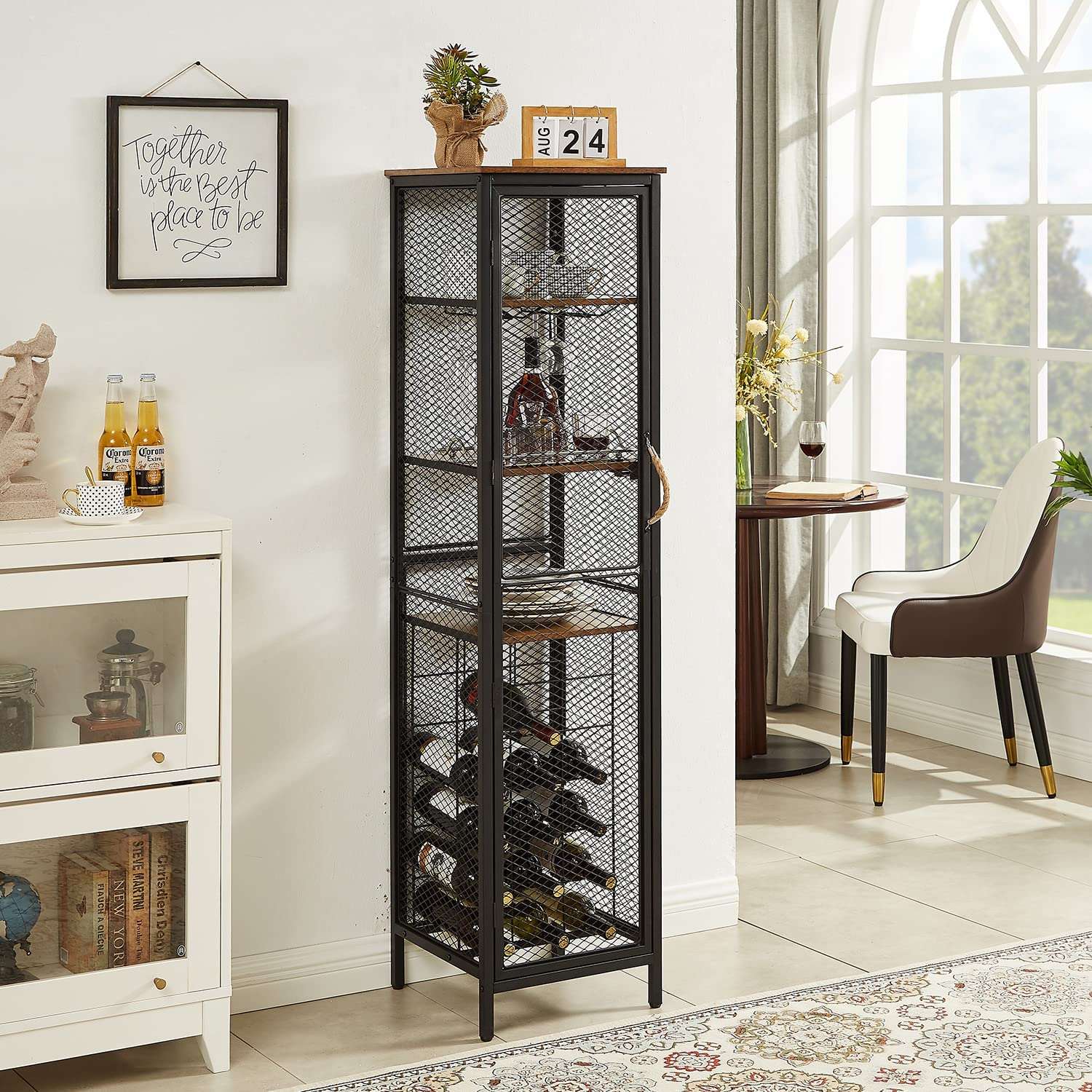 VECELO 3 tier Industrial Wine Bar Rack Storage Cabinet for Liquor and Glasses Holder Dishes