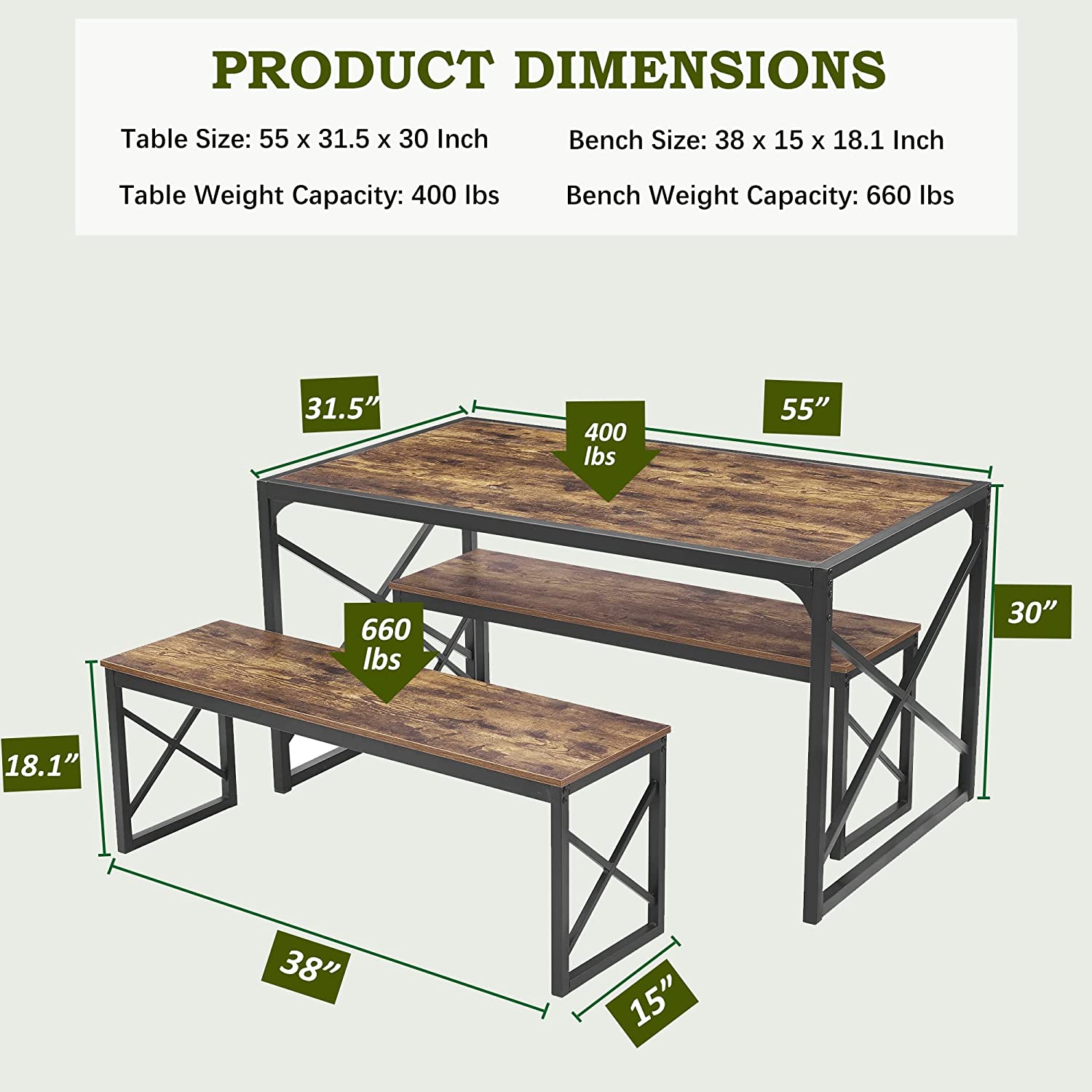 VECELO Kitchen Table with 2 Benches for 4
