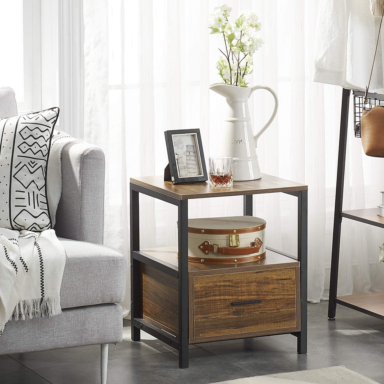 Nightstand with Drawer for Bedroom End Table Vintage Style