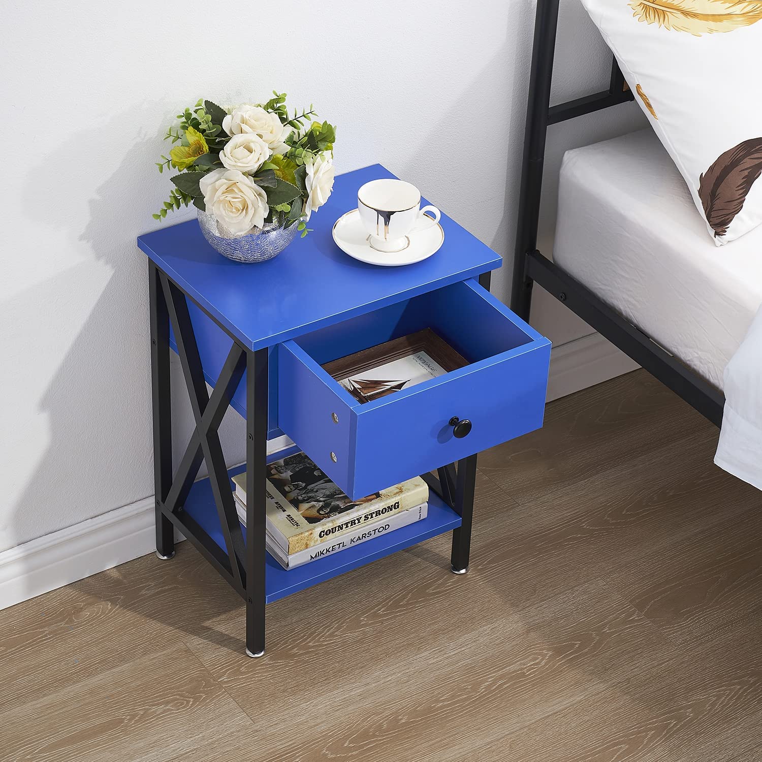 VECELO Night Stands Bedside End Table X-Design with Drawer&Storage Shelf for Living Room Bedroom, Nightstand with Drawer