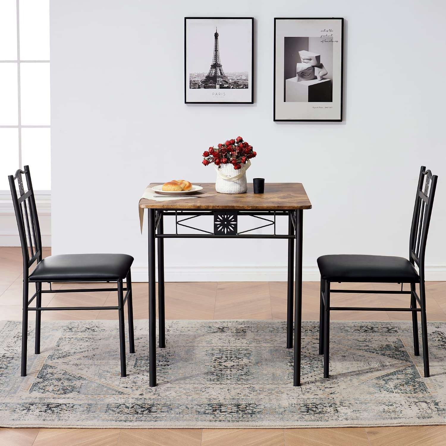 VECELO 3-Piece Dining Room Wooden Kitchen Table and Pu Cushion Chair Sets for Small Space, Retro Brown
