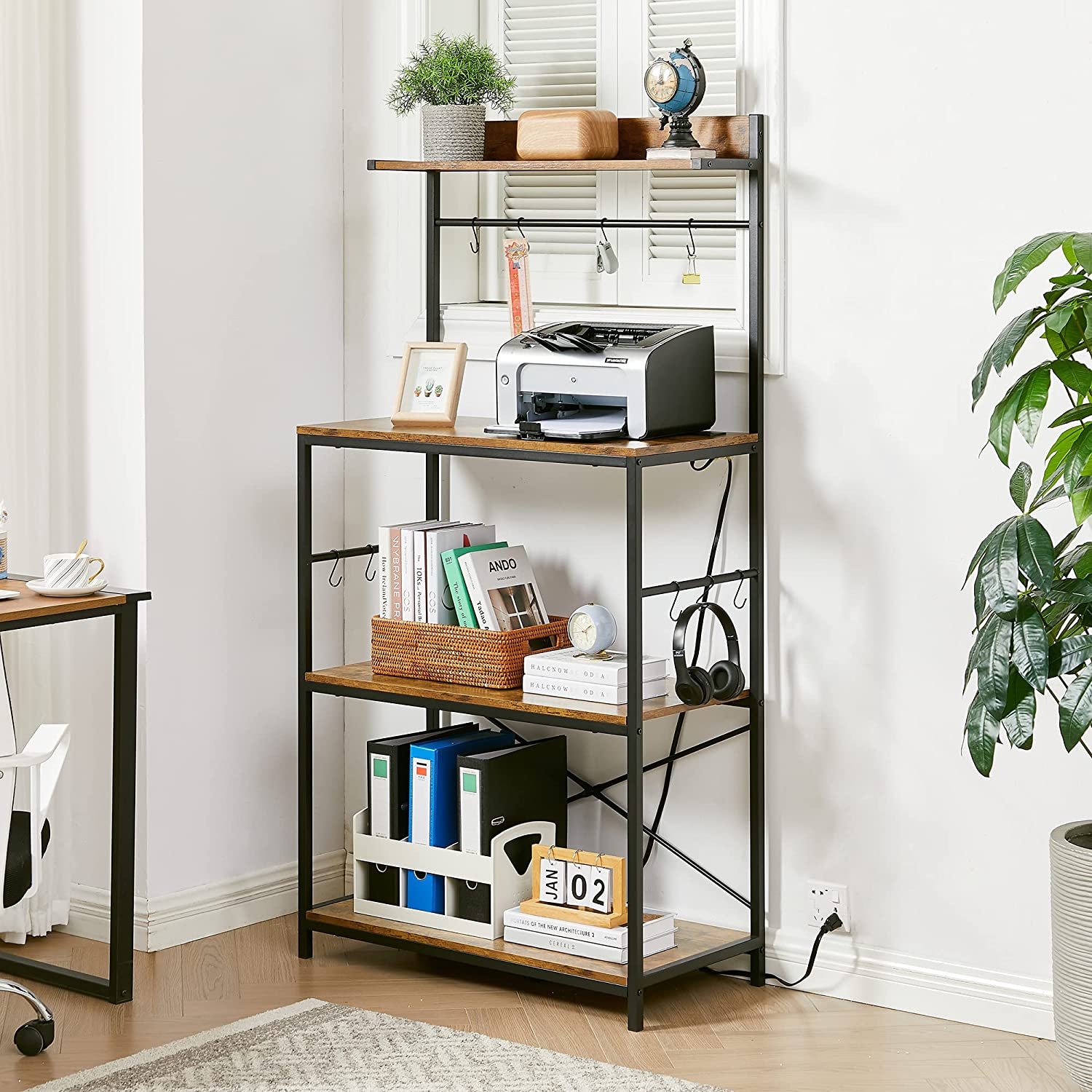 VECELO Bakers Rack with Power Outlets, Multiuse 4-Tier Kitchen Utility Storage Shelf with 10 Hooks, Floor Standing Spice Organizer Workstation
