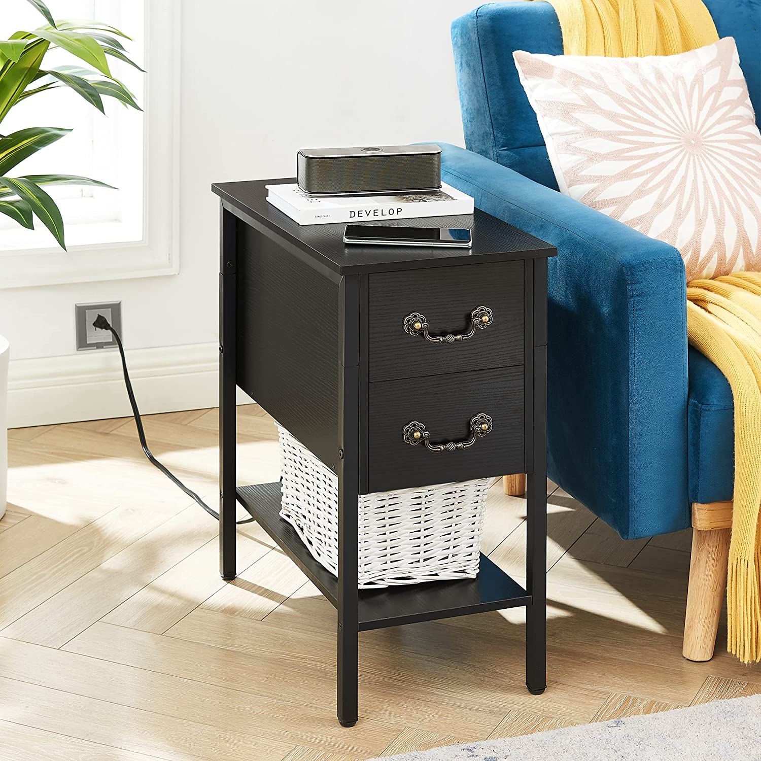 VECELO Tall End Table with Charging Station, Narrow Nightstands with 2 Drawers & USB Ports & Power Outlets