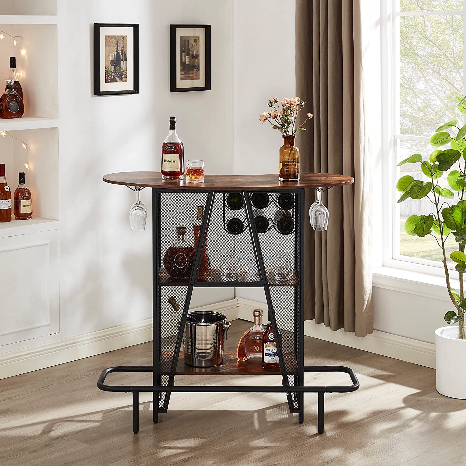 VECELO Bar Unit with Metal Mesh Front, 3-Tier Wine Rack Table with Glasses Holder for Living Room, Kitchen