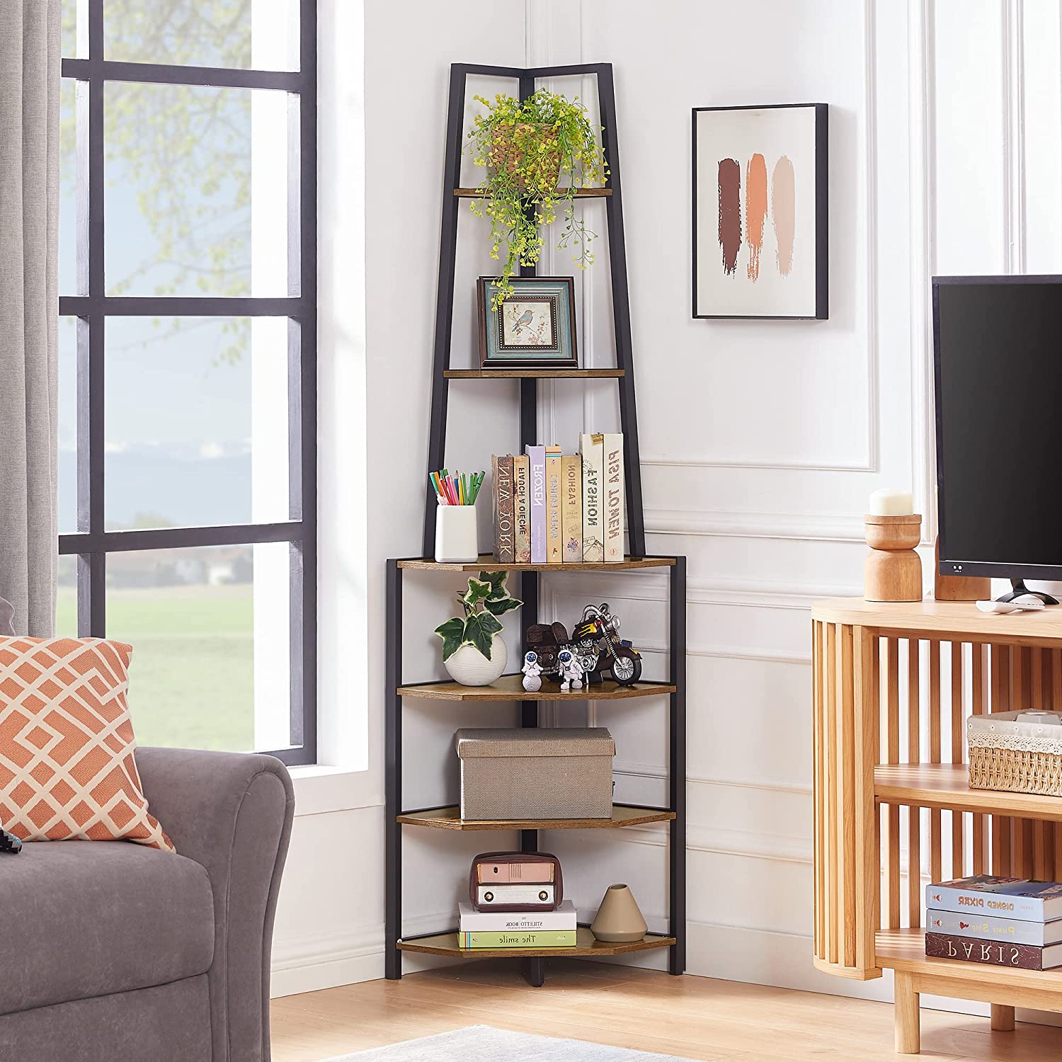 VECELO 6 Tier Corner Shelf, 69 Inch Industrial Bookshelf/Storage Stand with Metal Framefor Living Room, Bedroom, Home Office
