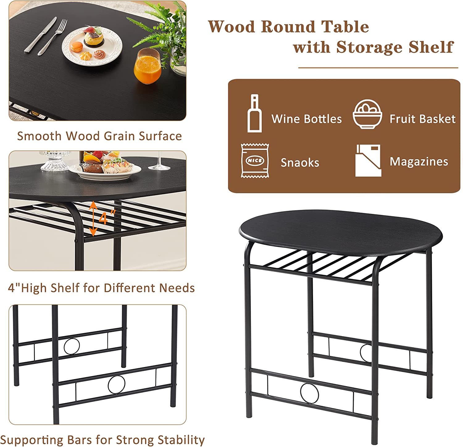 VECELO 3 Piece Small Round Dining Table Set for Kitchen Breakfast Nook, Wood Grain Tabletop with Wine Storage Rack