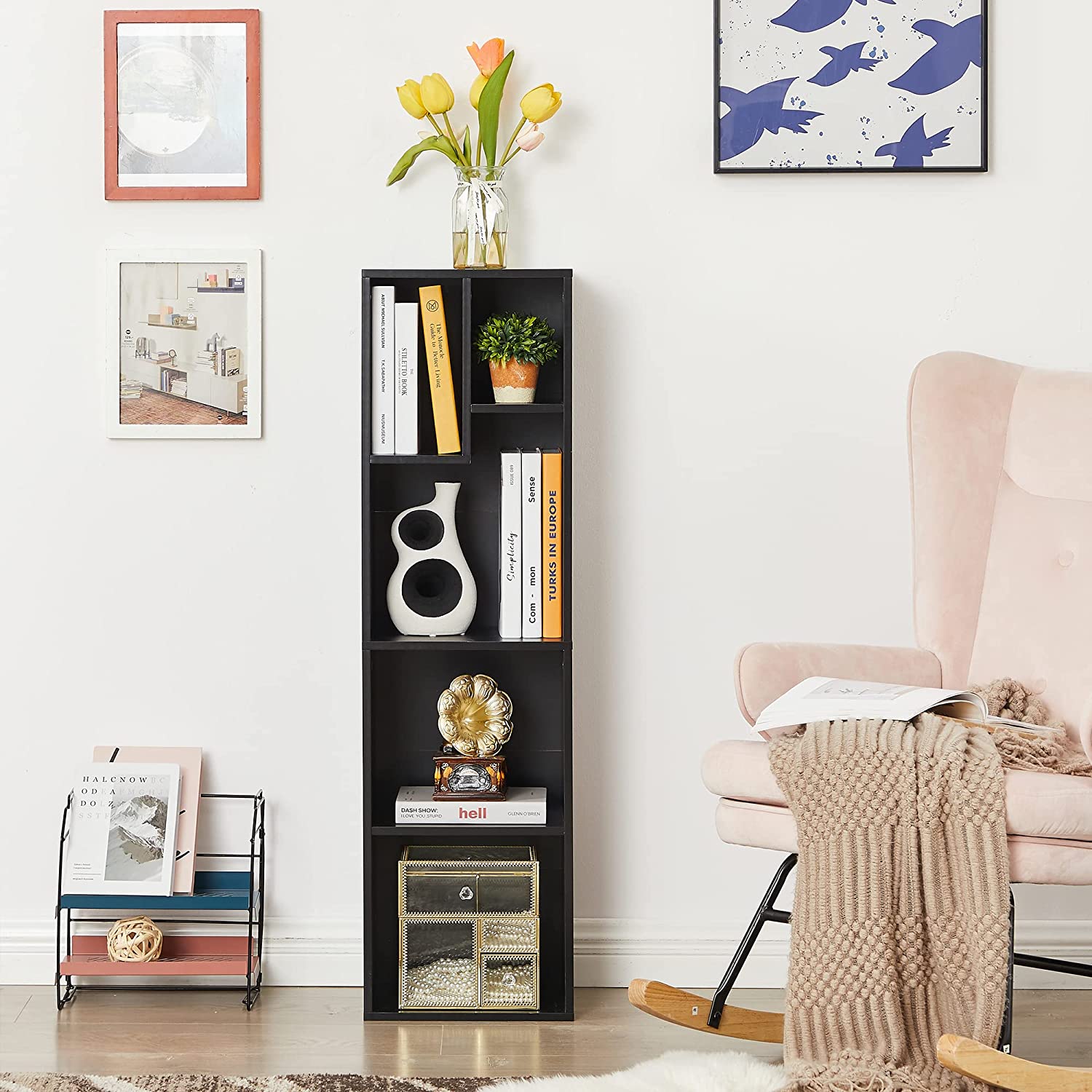 VECELO Modern 3-Tier Small Bookcase, 4 Cube/5 Cube Bookshelf/Storage Organizer for Living Room,Bedroom,Home Office