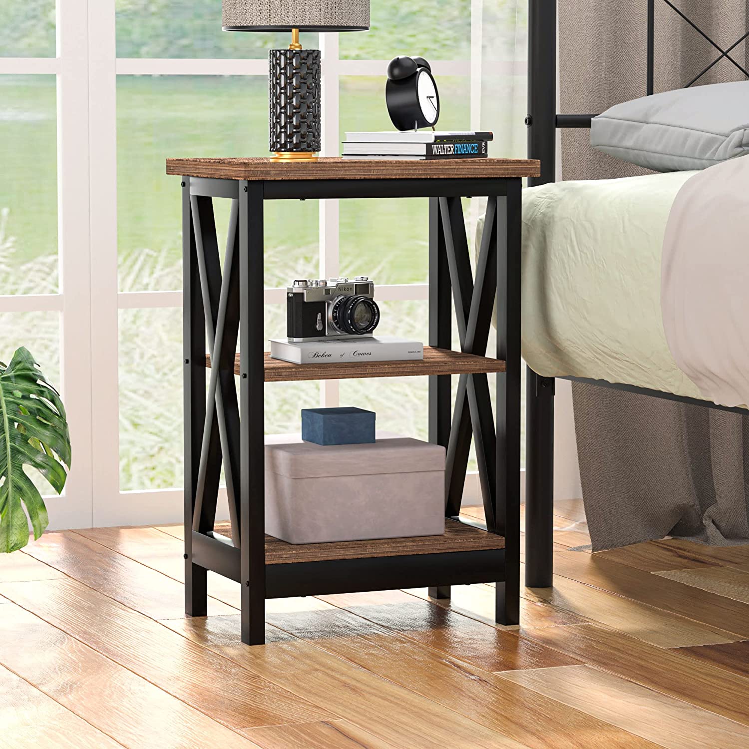VECELO Modern Nightstand/Side End Table with X-Design Frame & 3-Tiers Open Storage Shelf for Bedroom/Living Room