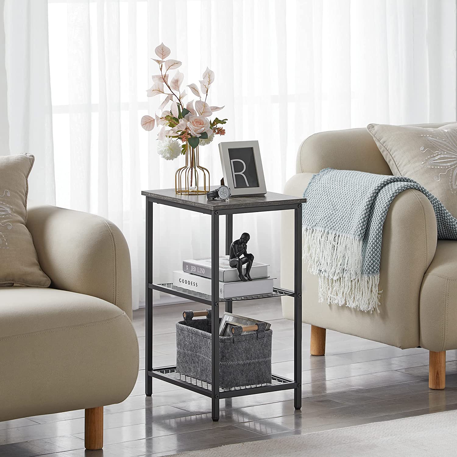VECELO End Side Table with Storage Industrial Night Stand with Mesh Shelves