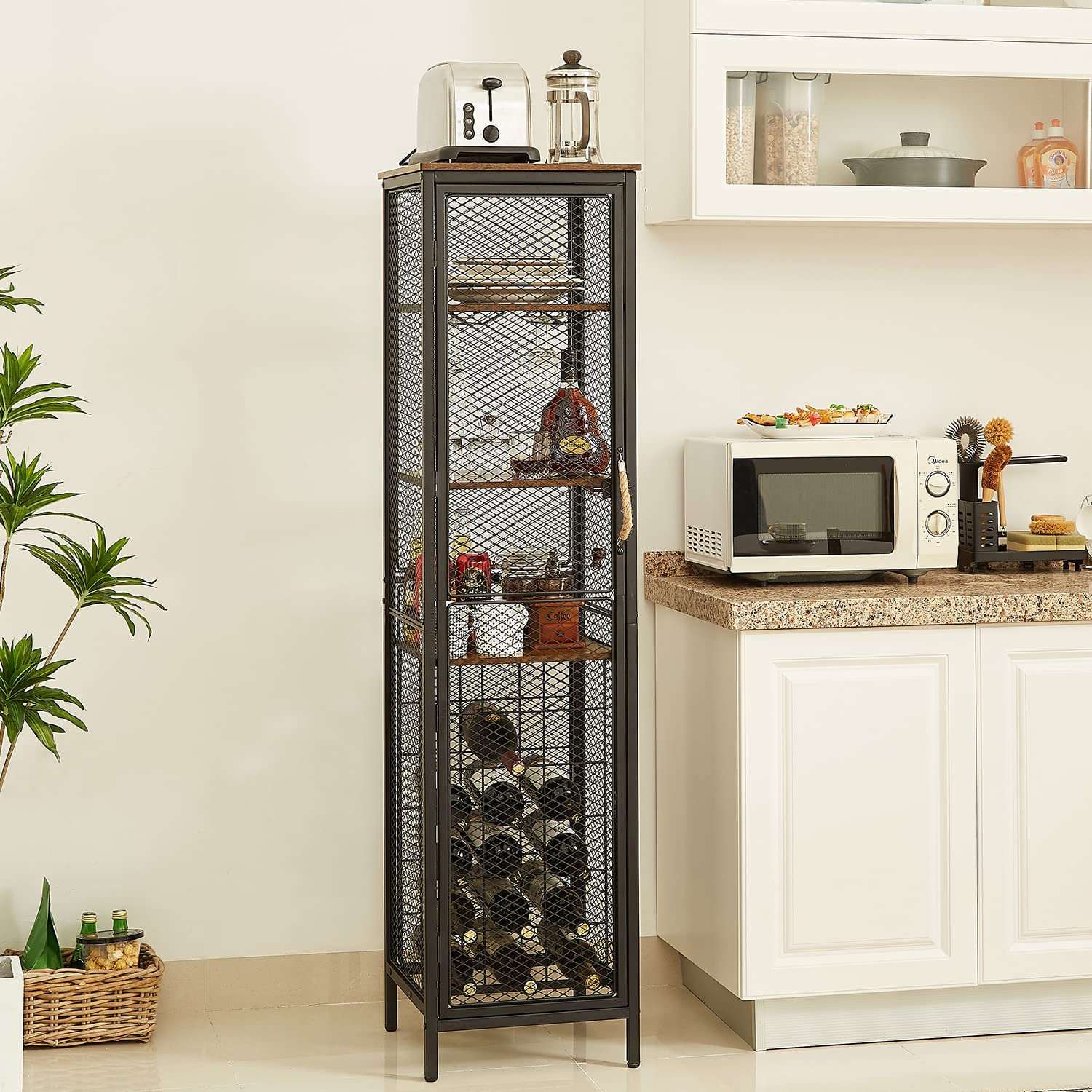 VECELO 3 tier Industrial Wine Bar Rack Storage Cabinet for Liquor and Glasses Holder Dishes