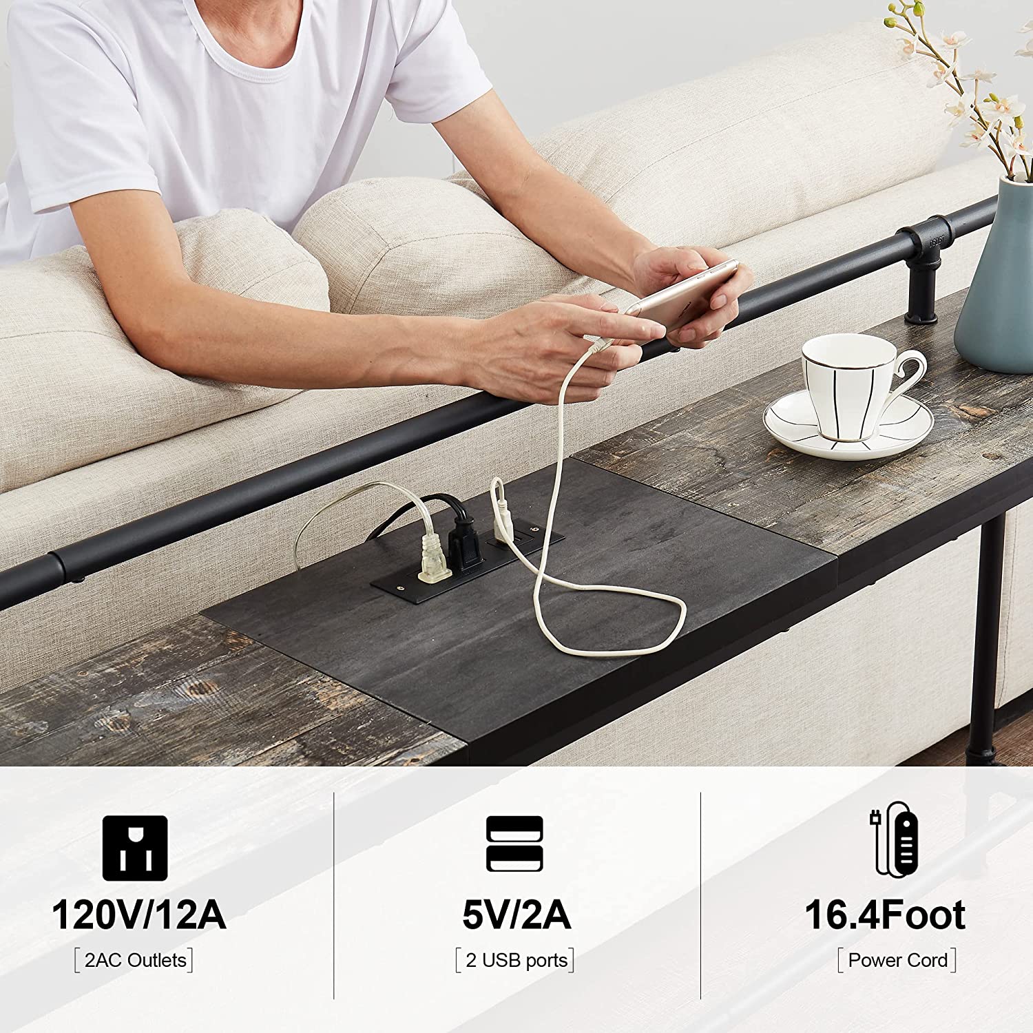 VECELO Extra Long Console/Sofa Table with Charging Station&Power Outlet, Narrow Industrial Behind Couch for Entryway,Hallway,Living Room